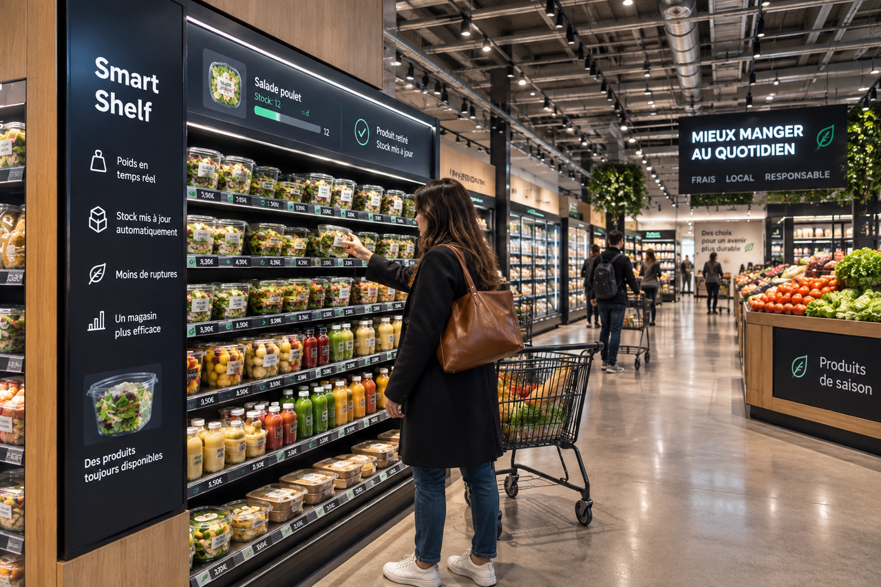 Cliente devant un rayon intelligent de supermarché équipé de capteurs de poids.