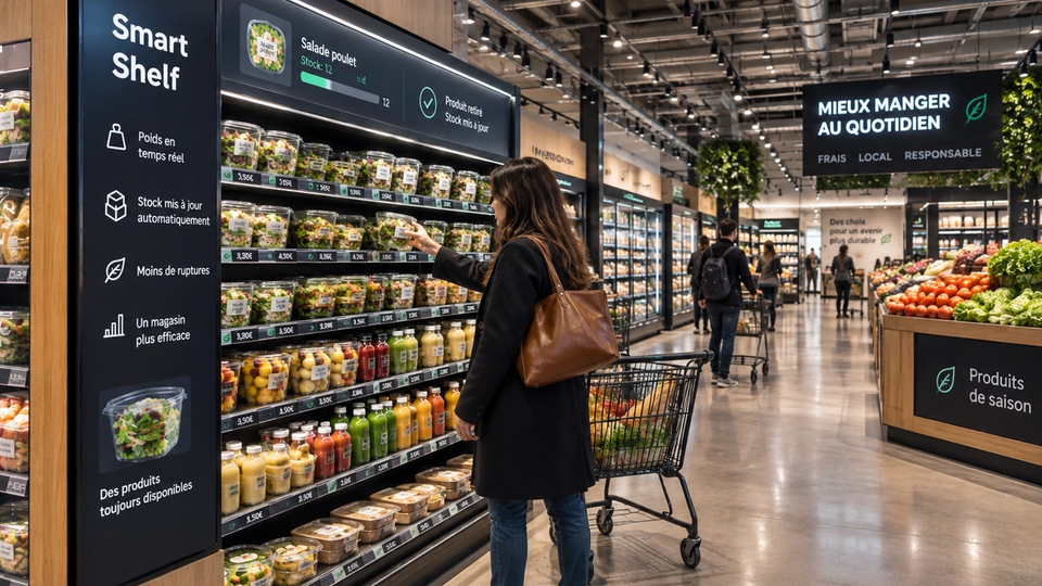 Cliente devant un rayon intelligent de supermarché équipé de capteurs de poids.