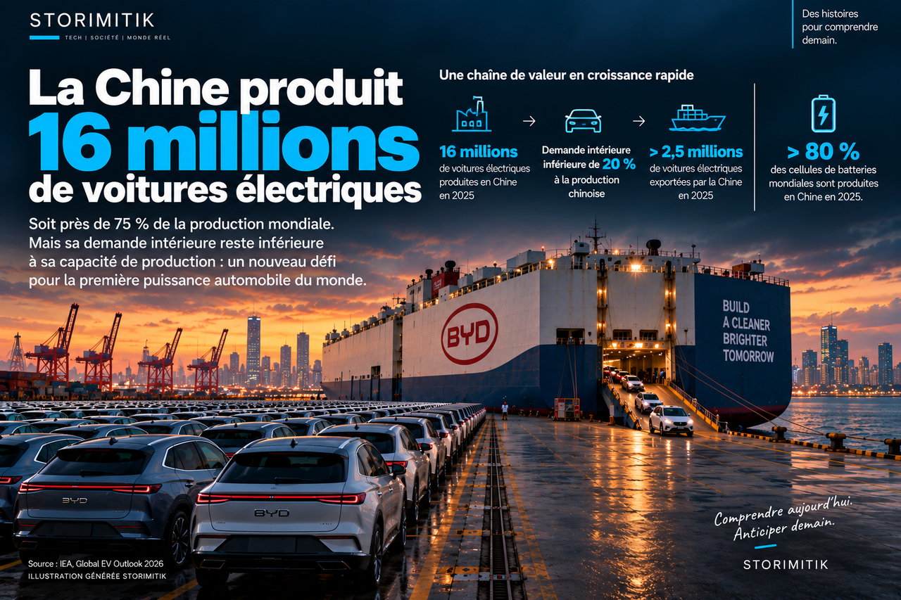 Infographie STORIMITIK montrant 16 millions de voitures électriques produites en Chine en 2025, une demande intérieure inférieure de 20 % à la production, plus de 2,5 millions de véhicules électriques exportés et plus de 80 % des cellules de batteries produites en Chine.