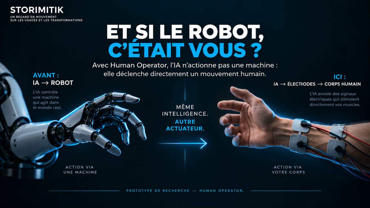 Infographie STORIMITIK comparant une IA qui commande un robot à une IA qui déclenche un mouvement humain par stimulation musculaire.