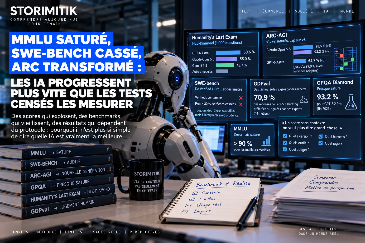 Illustration éditoriale présentant plusieurs benchmarks d’intelligence artificielle et leurs limites en 2026.