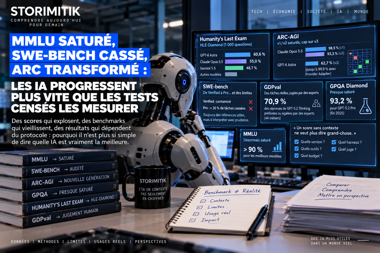 Illustration éditoriale présentant plusieurs benchmarks d’intelligence artificielle et leurs limites en 2026.