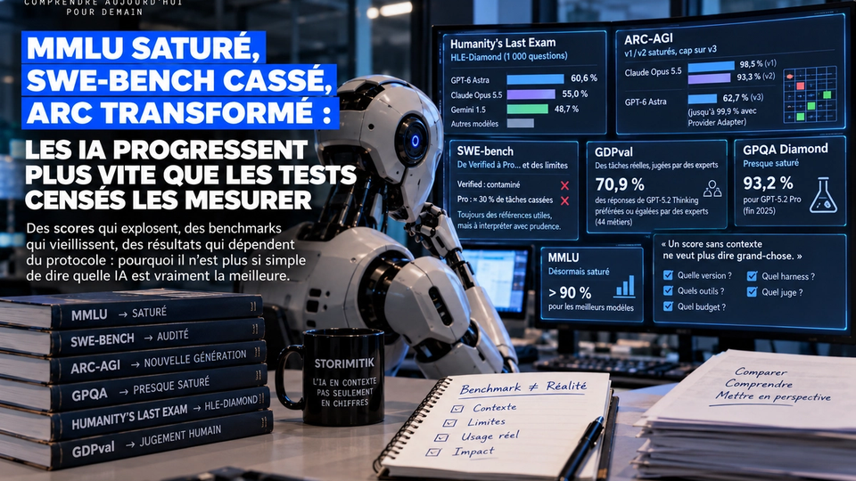 Illustration éditoriale présentant plusieurs benchmarks d’intelligence artificielle et leurs limites en 2026.