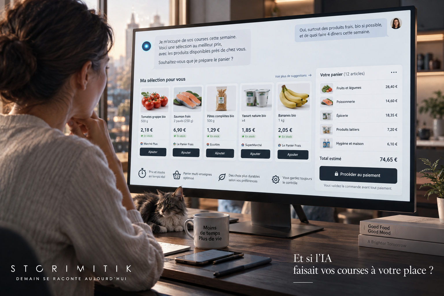 Illustration conceptuelle d’une personne utilisant un assistant IA pour rechercher des produits, comparer les prix et préparer un panier de courses.