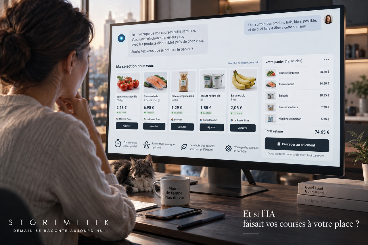 Illustration conceptuelle d’une personne utilisant un assistant IA pour rechercher des produits, comparer les prix et préparer un panier de courses.