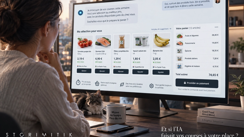 Illustration conceptuelle d’une personne utilisant un assistant IA pour rechercher des produits, comparer les prix et préparer un panier de courses.