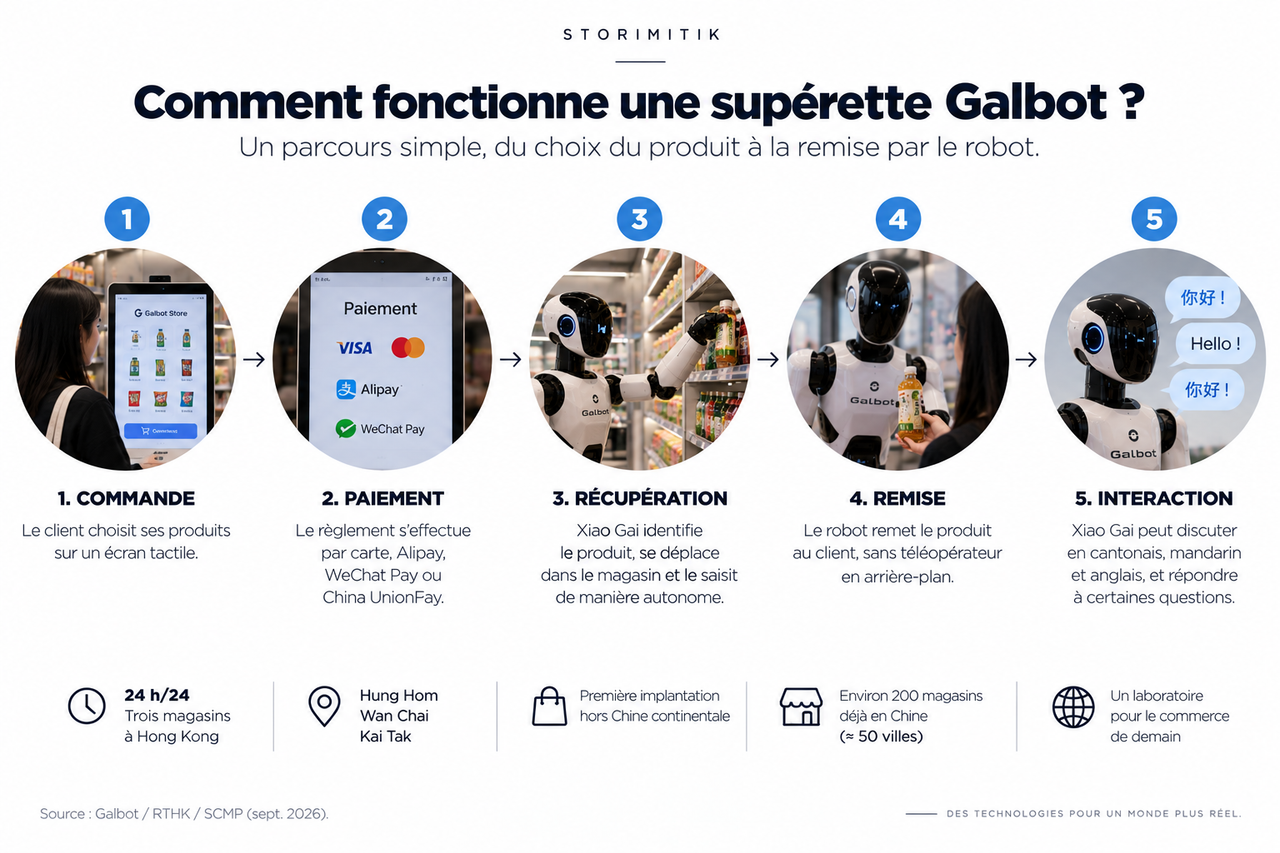 Schéma expliquant le parcours d’achat dans une supérette Galbot, de la commande à l’interaction avec le robot.