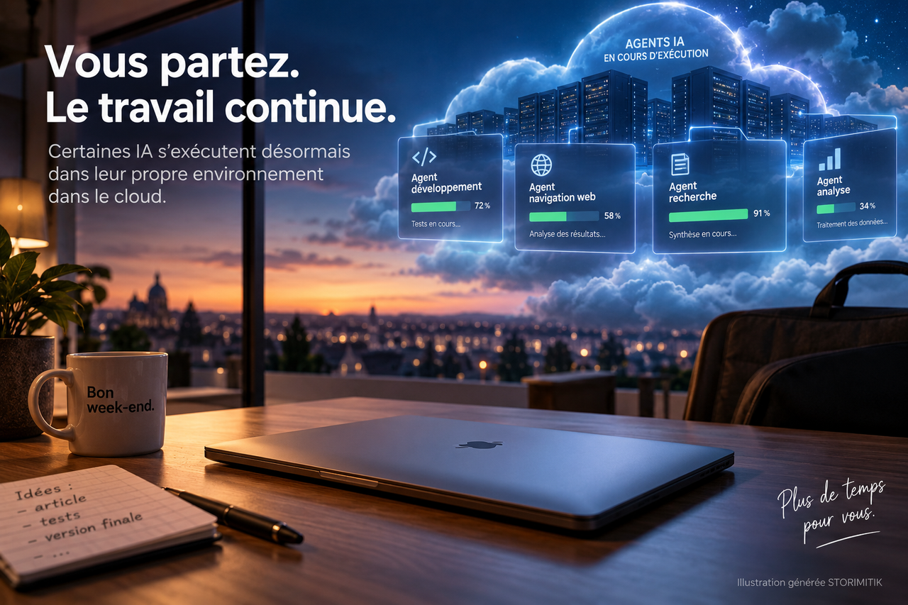 Illustration STORIMITIK d’un ordinateur portable fermé tandis que plusieurs agents IA continuent des tâches dans une infrastructure cloud distante.