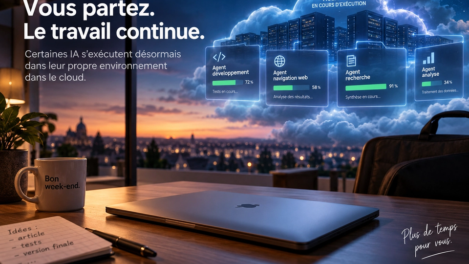 Illustration STORIMITIK d’un ordinateur portable fermé tandis que plusieurs agents IA continuent des tâches dans une infrastructure cloud distante.