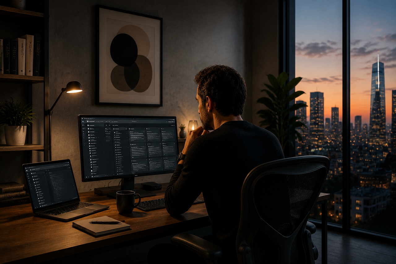 Homme travaillant à son bureau avec un ordinateur portable affichant une interface d’intelligence artificielle, dans un intérieur lumineux.