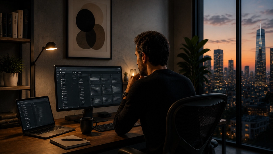 Homme travaillant à son bureau avec un ordinateur portable affichant une interface d’intelligence artificielle, dans un intérieur lumineux.