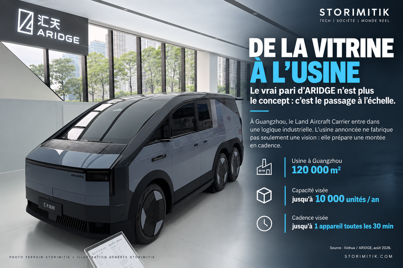 Illustration STORIMITIK du véhicule ARIDGE vu de l’avant avec les chiffres clés de son industrialisation à Guangzhou.