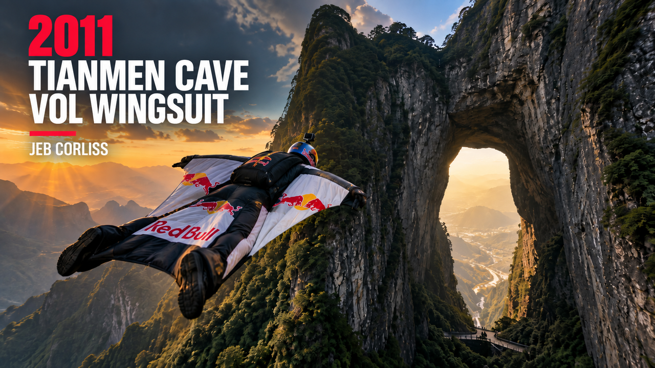 Wingsuit en approche de Tianmen Cave à Tianmen Mountain, avec une couche éditoriale rappelant le vol de Jeb Corliss en 2011.