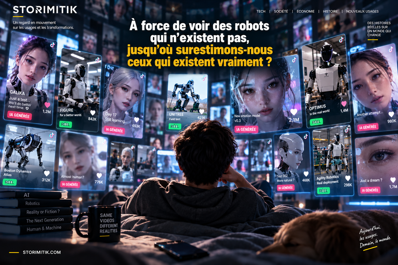 Illustration STORIMITIK d’un utilisateur confronté à un flux de vidéos mêlant humanoïdes synthétiques et robots réels, symbolisant le brouillage du référentiel technologique.