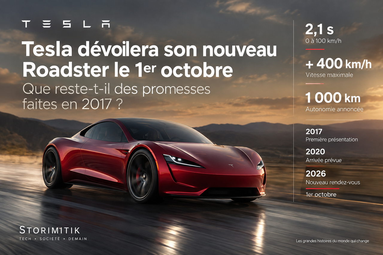 Illustration réaliste d’un futur Roadster électrique rouge accompagnée des performances annoncées par Tesla et de la chronologie 2017-2026.