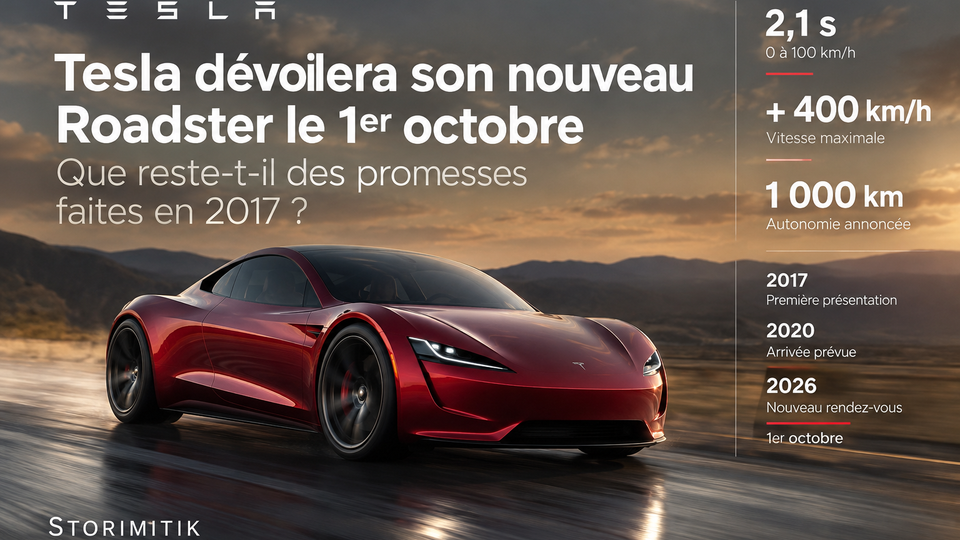 Illustration réaliste d’un futur Roadster électrique rouge accompagnée des performances annoncées par Tesla et de la chronologie 2017-2026.
