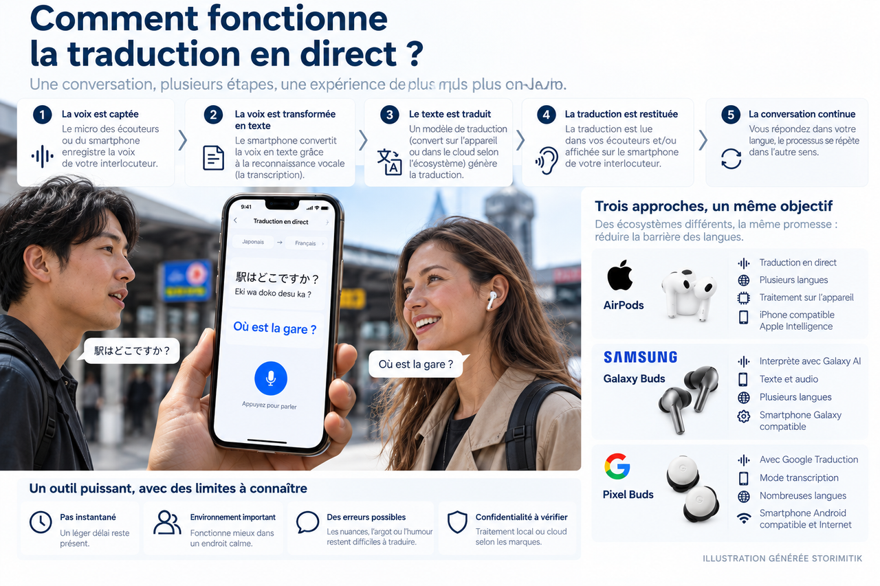 Infographie expliquant les étapes de la traduction en direct, de la voix captée jusqu’à la restitution dans les écouteurs.