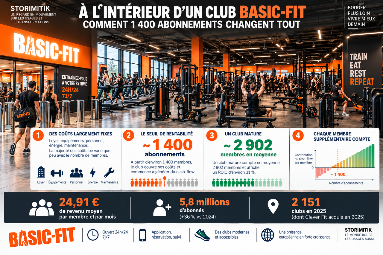 Infographie STORIMITIK scénarisant l’économie d’un club Basic-Fit, ses coûts fixes et la progression du nombre d’abonnements.