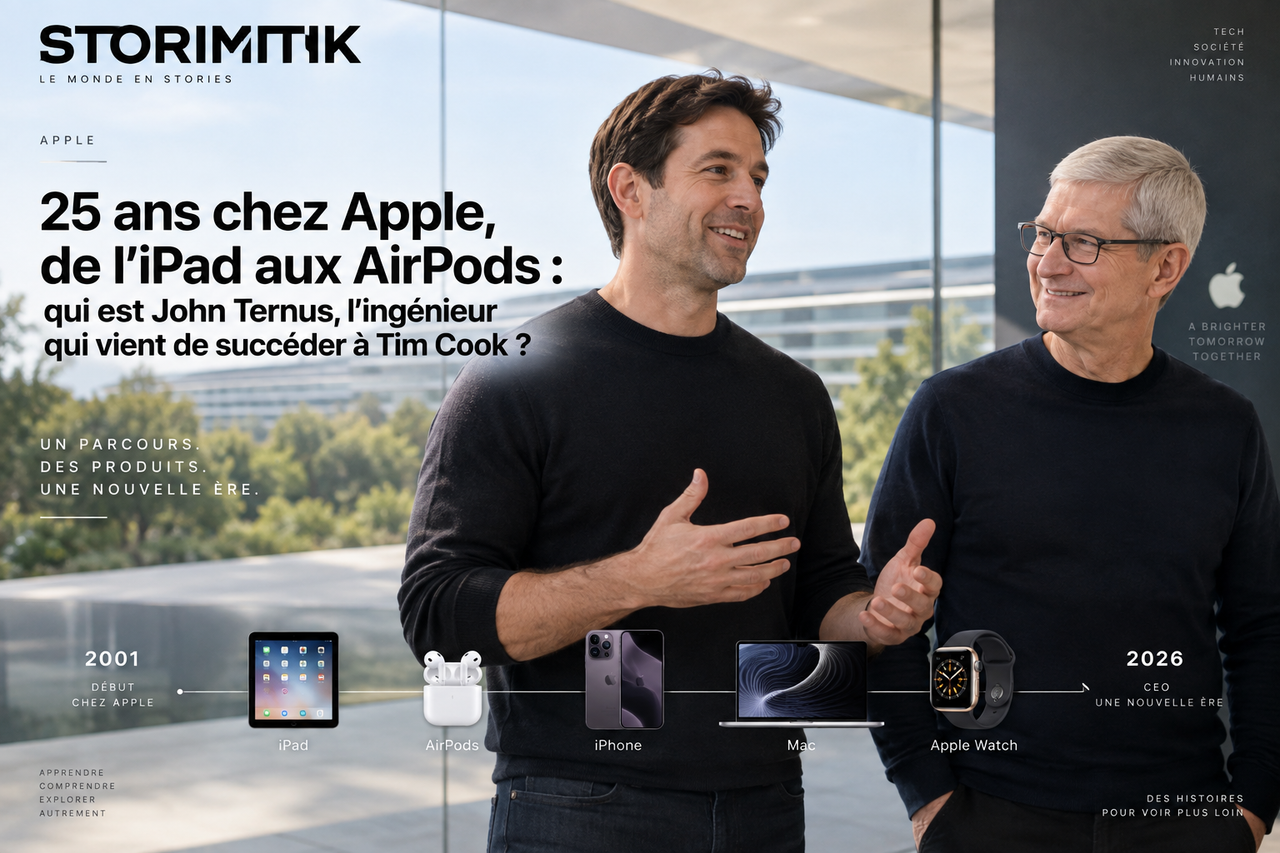 Composition éditoriale STORIMITIK représentant John Ternus et Tim Cook à Apple Park pour illustrer la transmission de la direction d’Apple en 2026.