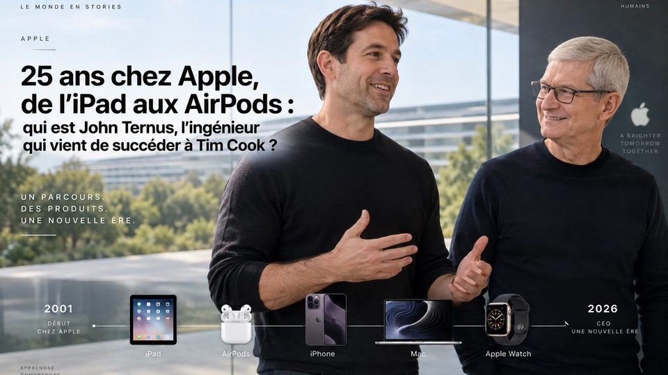 Composition éditoriale STORIMITIK représentant John Ternus et Tim Cook à Apple Park pour illustrer la transmission de la direction d’Apple en 2026.