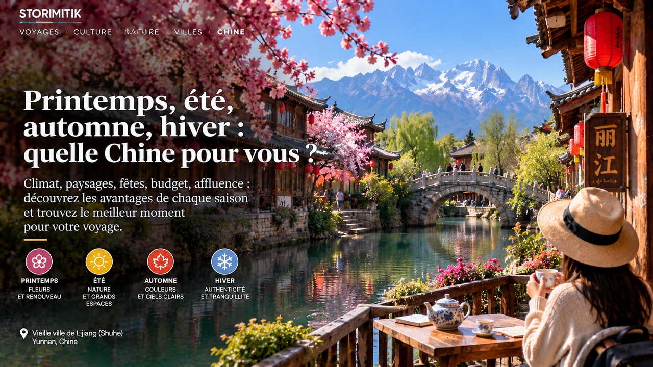 Illustration STORIMITIK ultra-réaliste d’un printemps à Lijiang et Shuhe au Yunnan, avec fleurs, canal et montagnes.