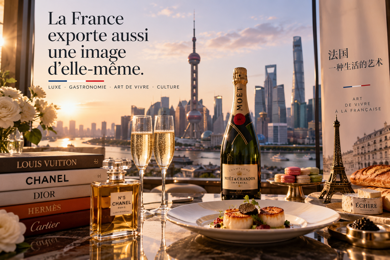 Composition éditoriale STORIMITIK sur les symboles français visibles à l’international : luxe, beauté, gastronomie, vin, patrimoine et Paris.