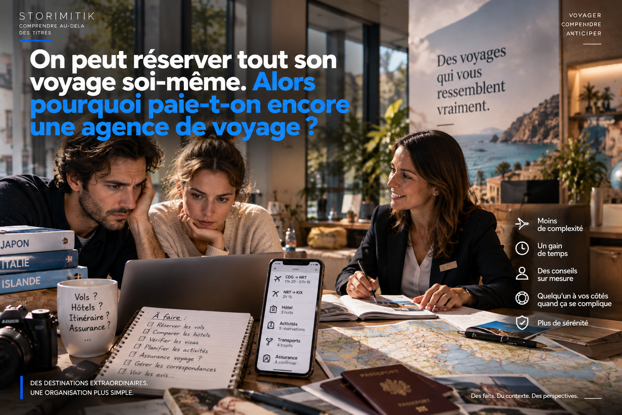 Un couple prépare un voyage sur ordinateur et téléphone face à de nombreuses décisions, tandis qu’une conseillère les aide à simplifier l’organisation.