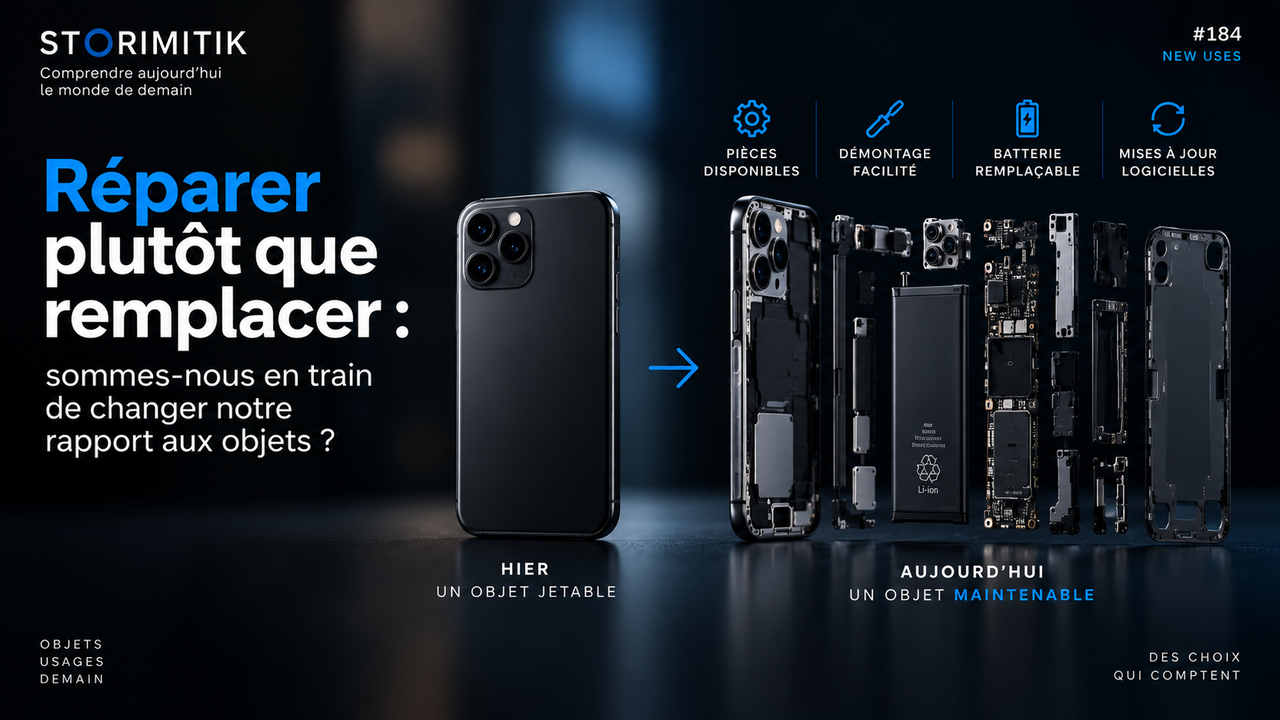 Infographie STORIMITIK montrant le passage d’un objet jetable à un objet maintenable grâce aux pièces, au démontage, à la batterie et aux mises à jour.