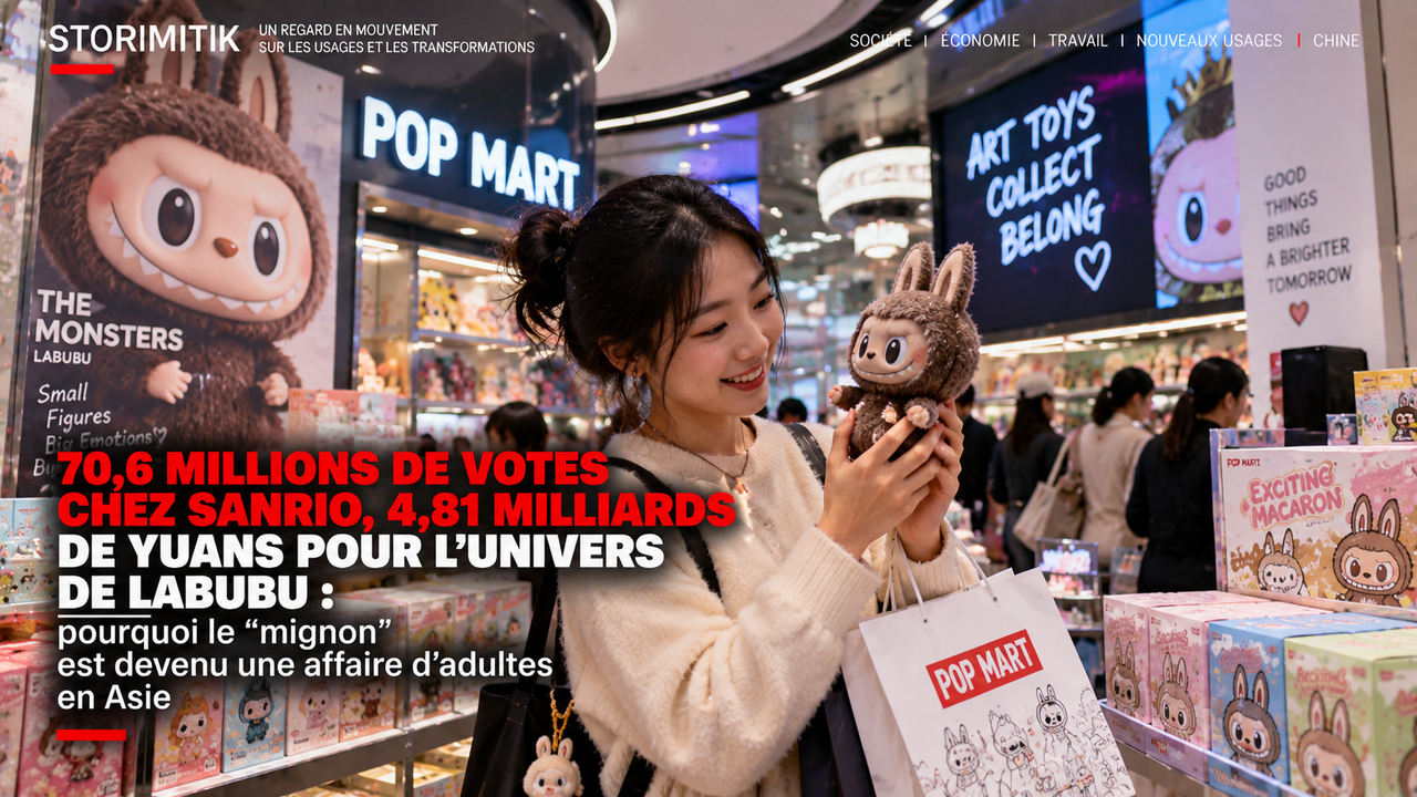 Illustration éditoriale STORIMITIK montrant une adulte dans une boutique d’art toys inspirée de Pop Mart avec un personnage de l’univers THE MONSTERS.