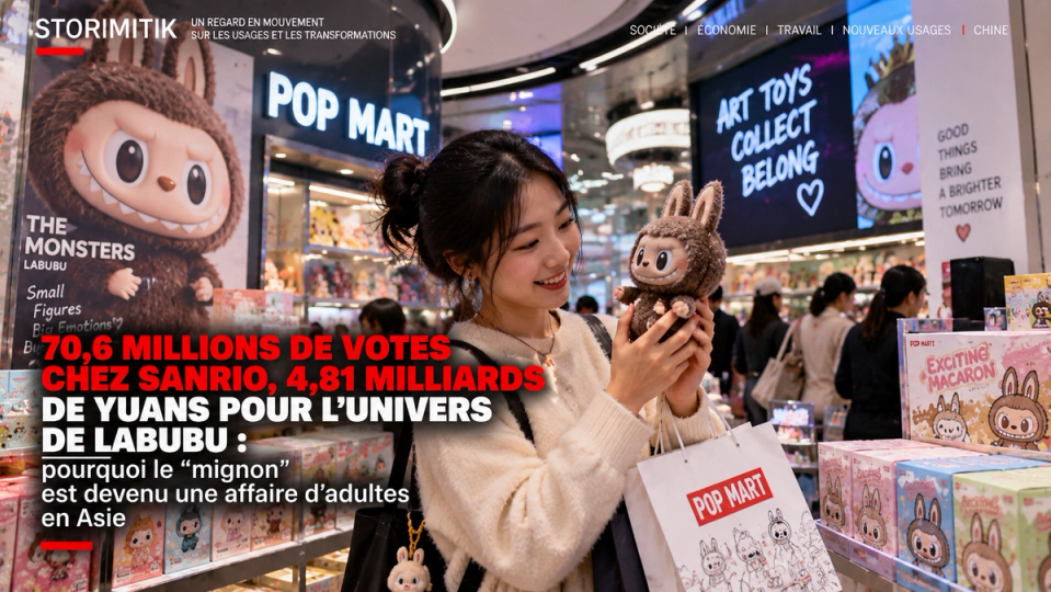 Illustration éditoriale STORIMITIK montrant une adulte dans une boutique d’art toys inspirée de Pop Mart avec un personnage de l’univers THE MONSTERS.