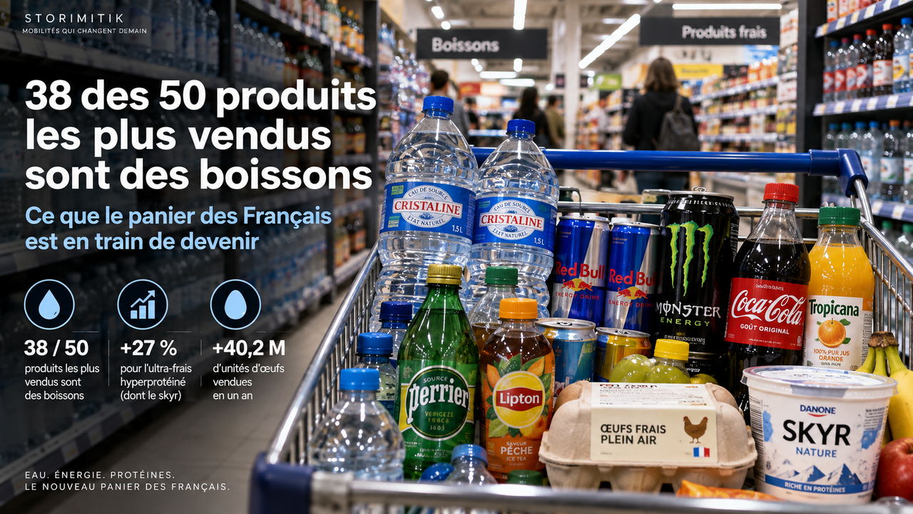 Illustration éditoriale d’un caddie de supermarché dominé par les boissons, avec aussi des œufs et du skyr.