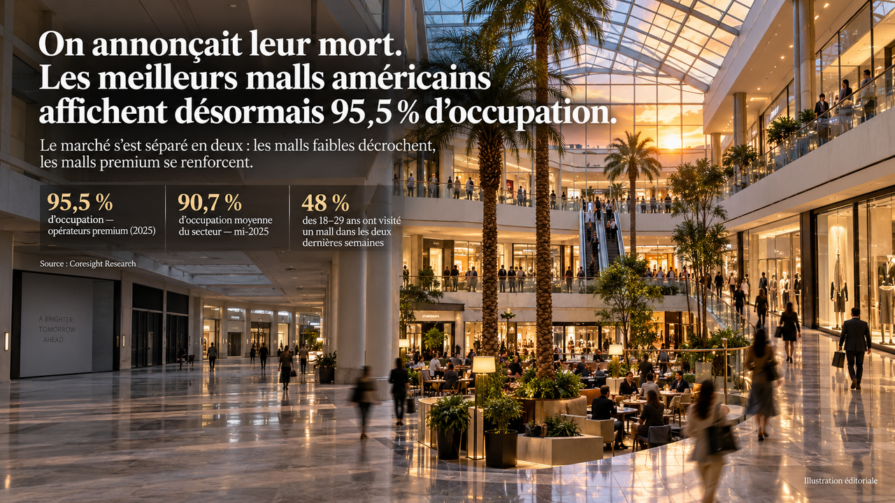 Mall américain premium très fréquenté au coucher du soleil, illustrant la remontée de l’occupation des meilleurs actifs.
