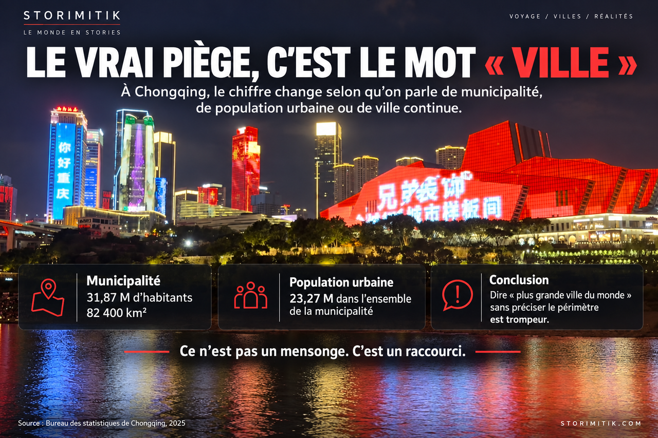 Illustration STORIMITIK nocturne de Chongqing expliquant que le mot ville peut désigner des périmètres statistiques différents.