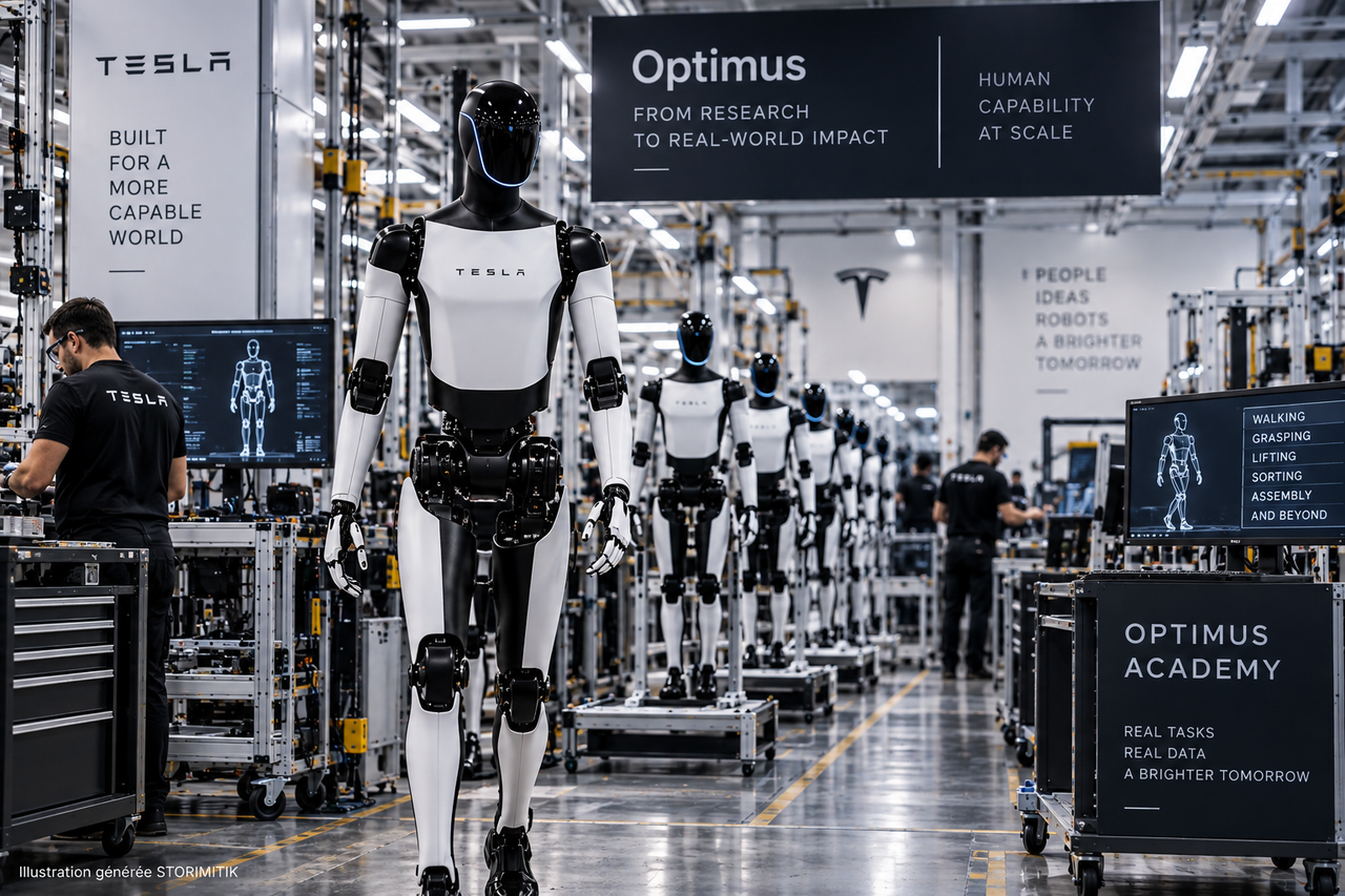 Illustration STORIMITIK d’une ligne de production Optimus avec plusieurs robots humanoïdes et des postes de test évoquant l’Optimus Academy.
