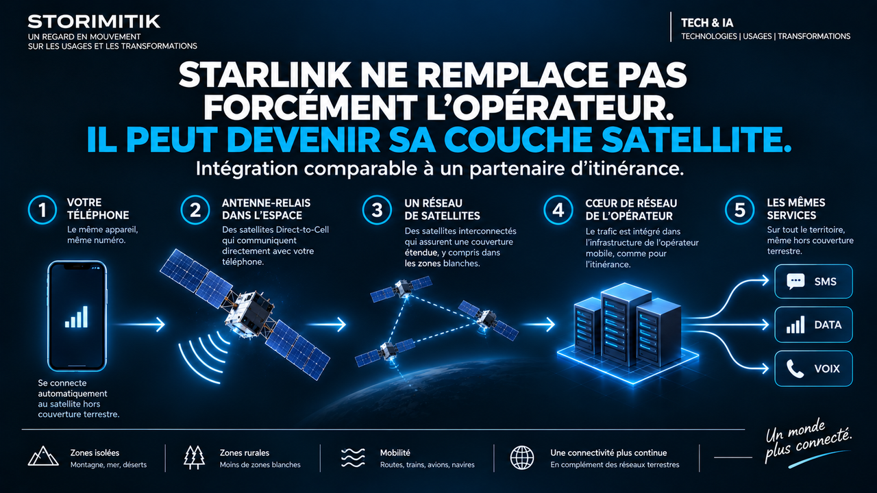 Infographie STORIMITIK montrant l’architecture d’un service Direct-to-Cell : téléphone, satellite, constellation, cœur de réseau opérateur et services mobiles.