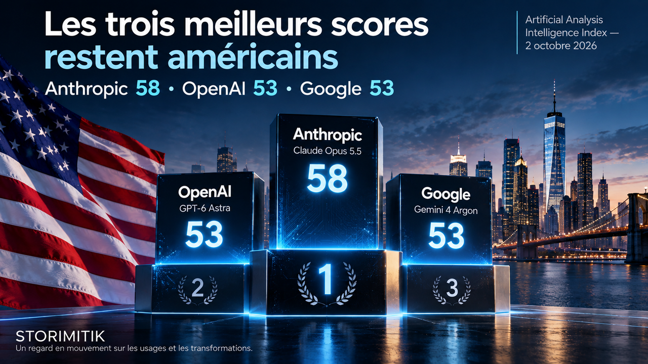 Infographie STORIMITIK montrant les trois meilleurs scores américains du classement Artificial Analysis : Anthropic 58, OpenAI 53 et Google 53.