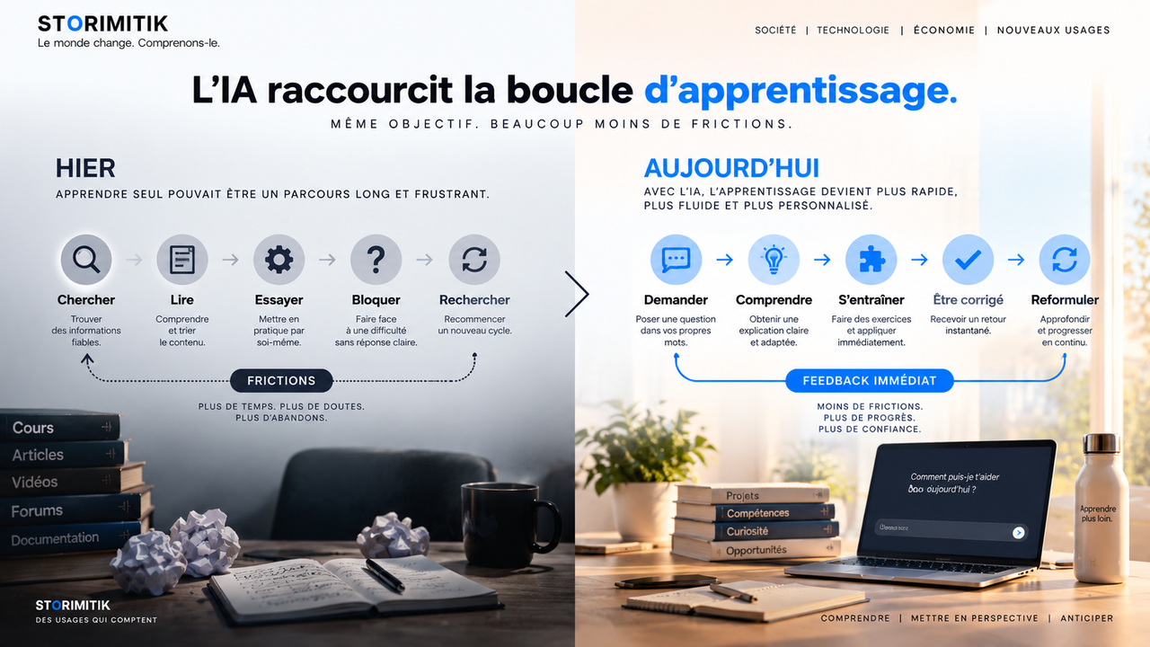 Infographie STORIMITIK comparant une boucle d’apprentissage traditionnelle plus longue à une boucle assistée par IA avec feedback immédiat.
