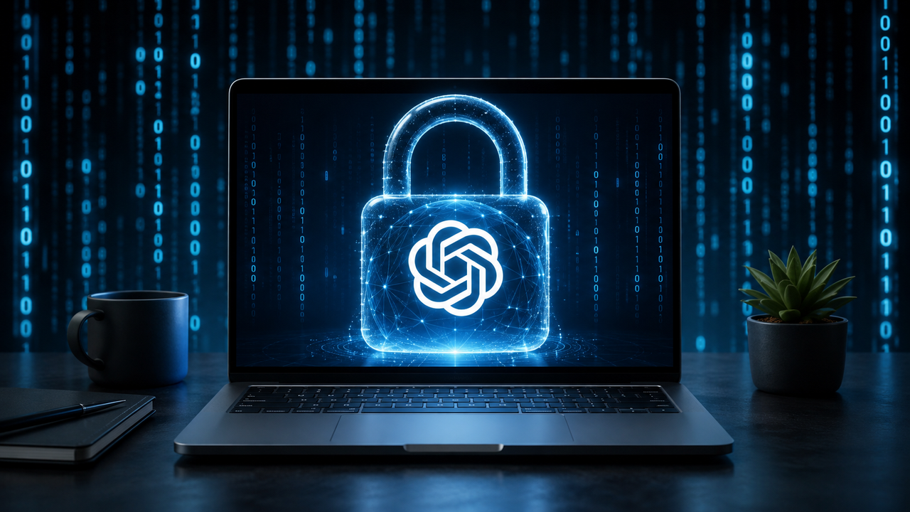 Illustration d’un cadenas devant le logo ChatGPT, évoquant la confidentialité et le contrôle des données.
