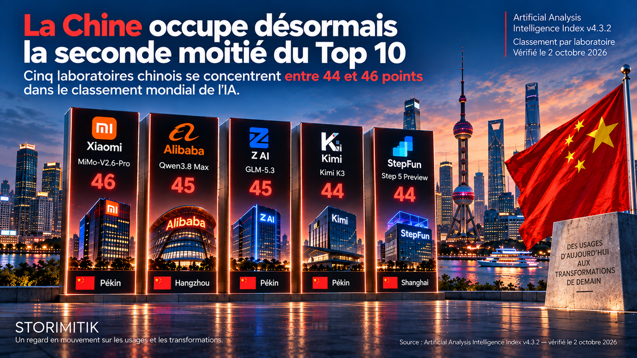 Infographie STORIMITIK présentant cinq laboratoires chinois concentrés entre 44 et 46 points dans la seconde moitié du Top 10 d’Artificial Analysis.