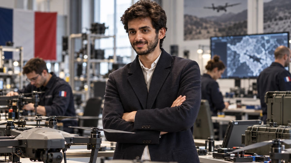 Portrait éditorial scénarisé représentant Mouad M’Ghari dans un environnement de développement de drones.