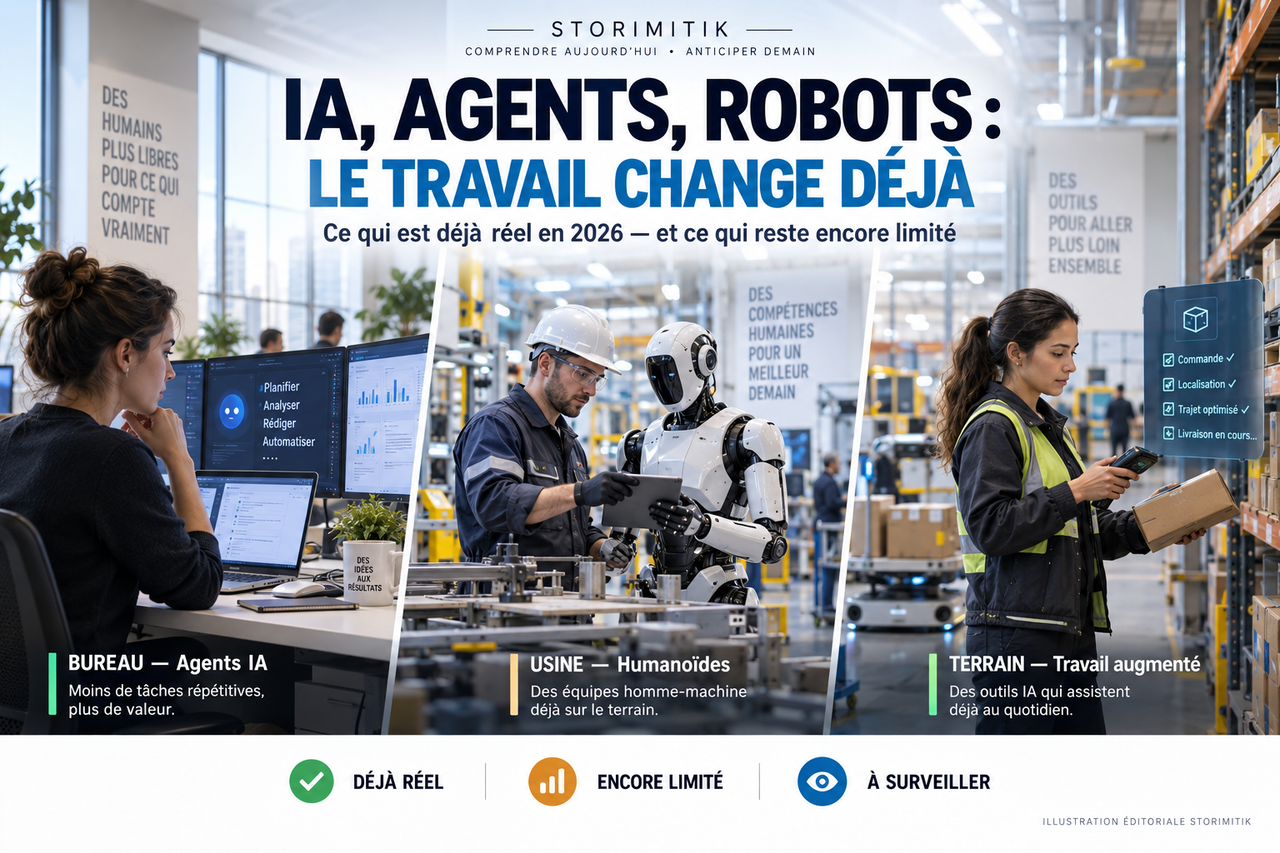 Illustration éditoriale STORIMITIK montrant trois situations de travail en 2026 : bureau avec agent IA, usine avec humanoïde et logistique augmentée par des outils numériques.
