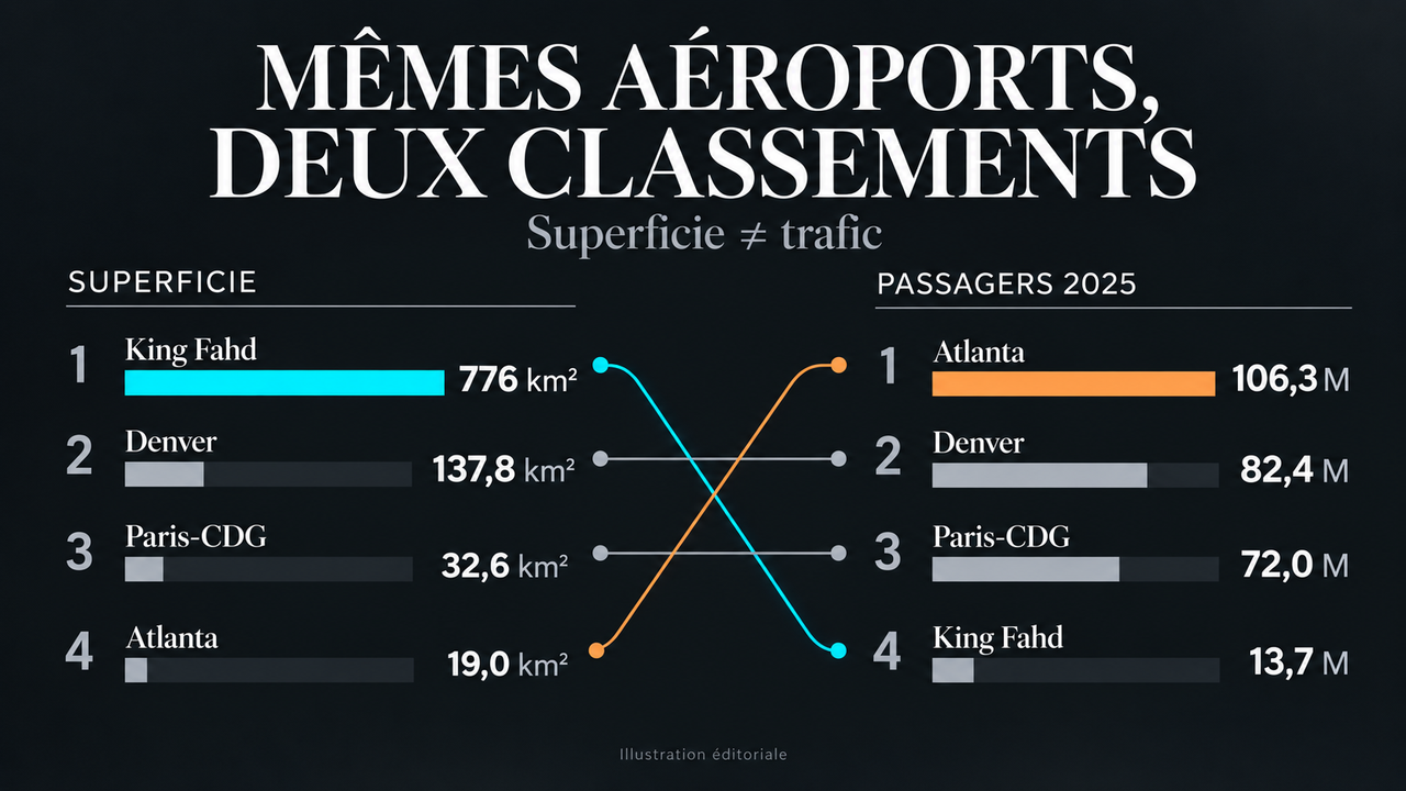 Illustration éditoriale STORIMITIK montrant que le classement des aéroports change complètement entre superficie et trafic de passagers 2025.