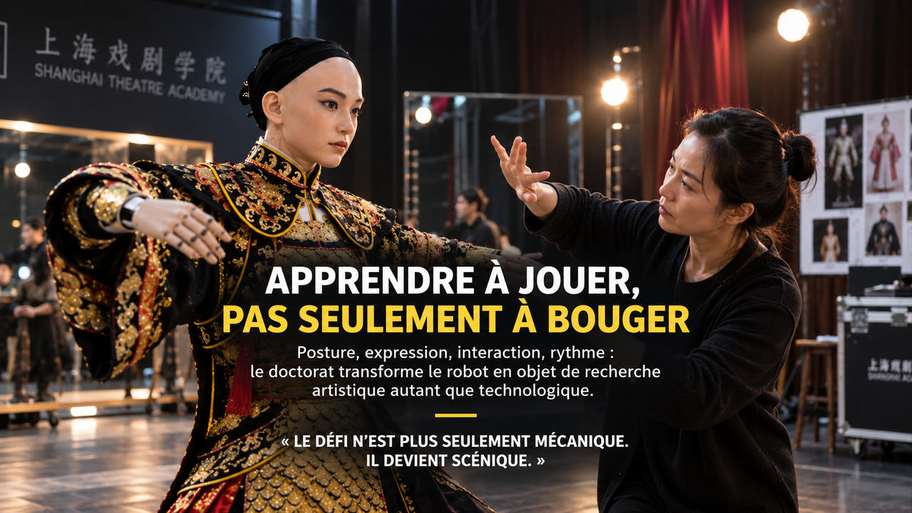 Reconstitution éditoriale STORIMITIK montrant Xueba 01 en répétition avec une metteuse en scène, pour illustrer l’apprentissage du geste, du rythme et de l’interaction théâtrale.