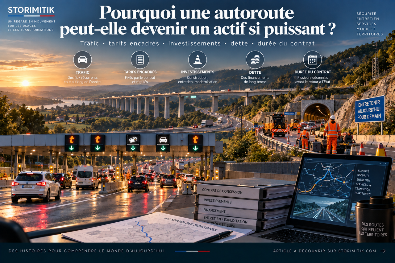Composition éditoriale STORIMITIK montrant les mécanismes économiques d’une concession autoroutière : trafic, tarifs encadrés, investissements, dette et durée.