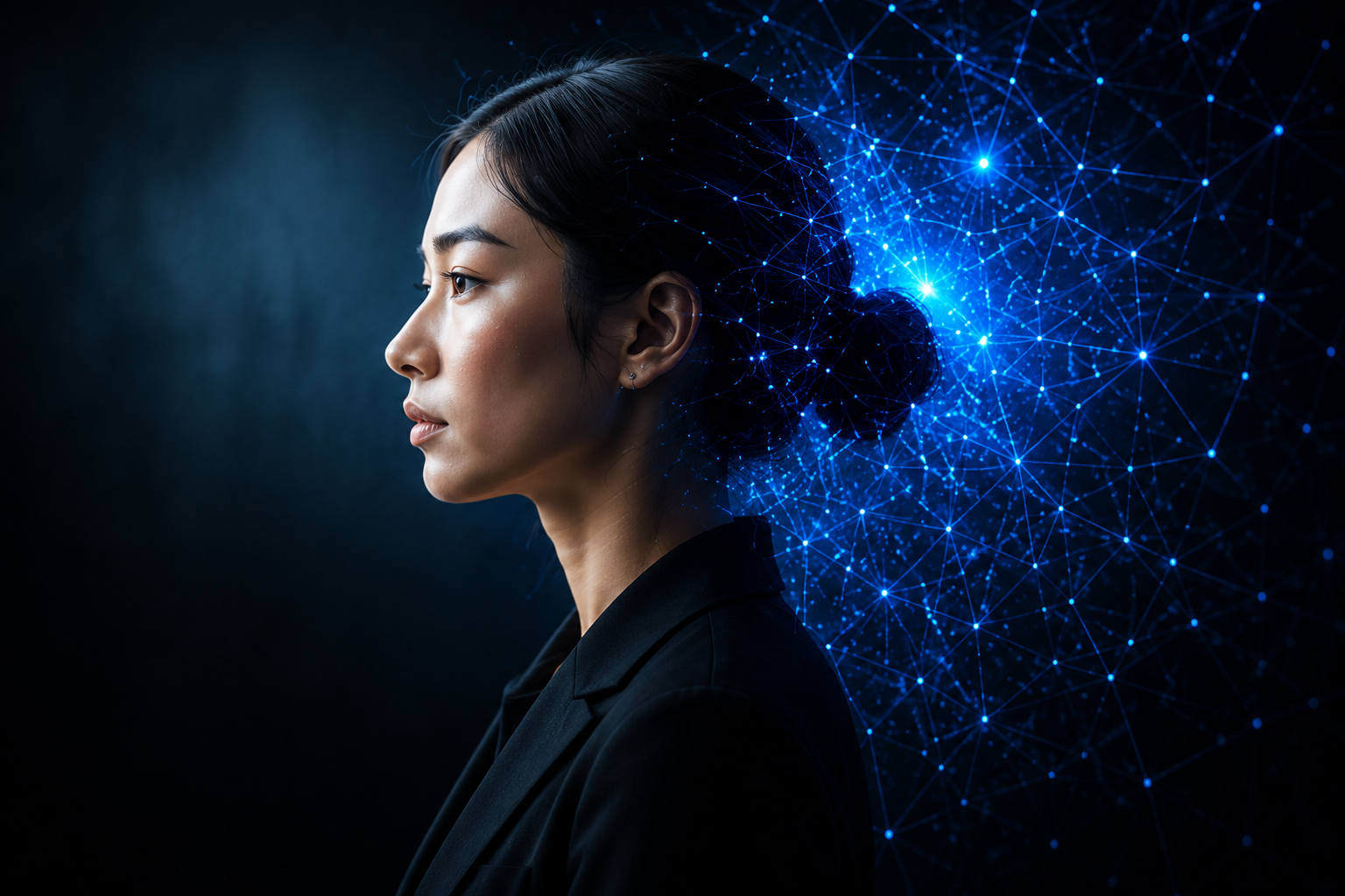 Femme de profil devant un réseau numérique bleu