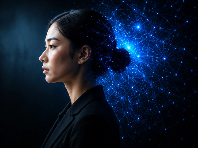 Femme de profil devant un réseau numérique bleu