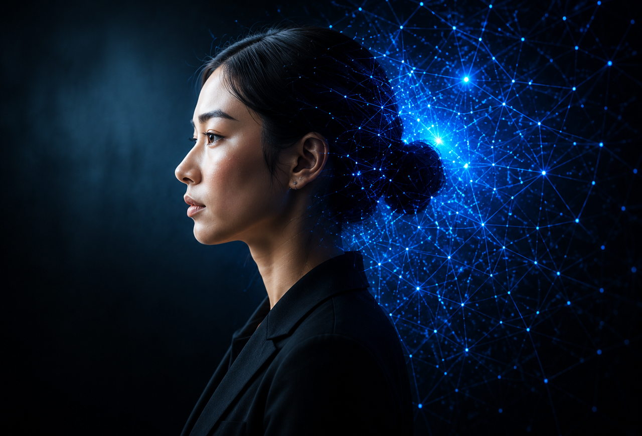 Femme de profil devant un réseau numérique bleu