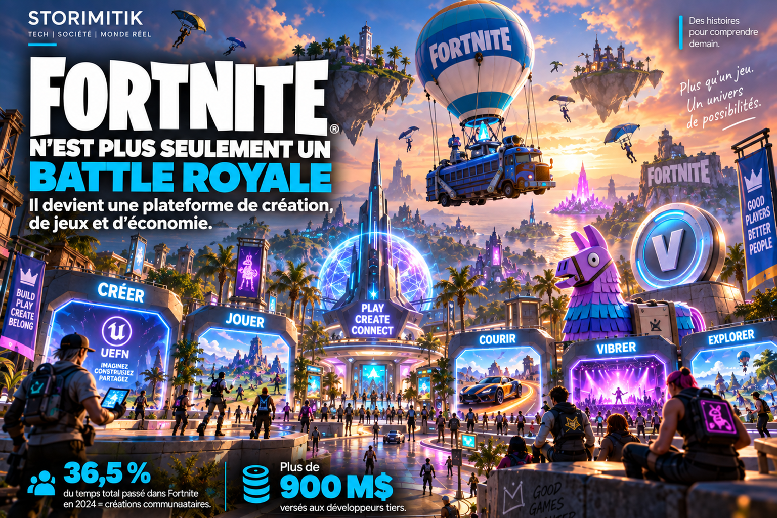 Illustration STORIMITIK montrant Fortnite comme une plateforme mêlant jeu, création, événements et économie de créateurs.