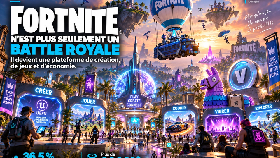 Illustration STORIMITIK montrant Fortnite comme une plateforme mêlant jeu, création, événements et économie de créateurs.