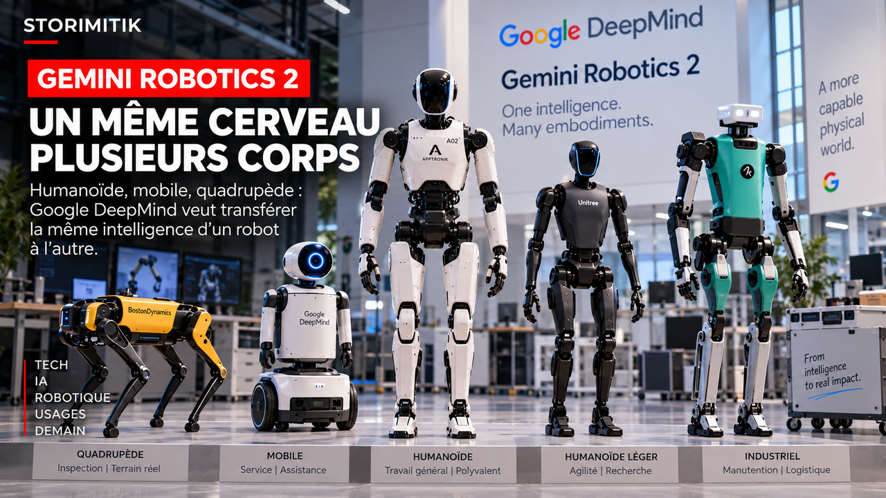 Illustration éditoriale STORIMITIK représentant plusieurs formes de robots pour expliquer le principe de multi-embodiment de Gemini Robotics 2.